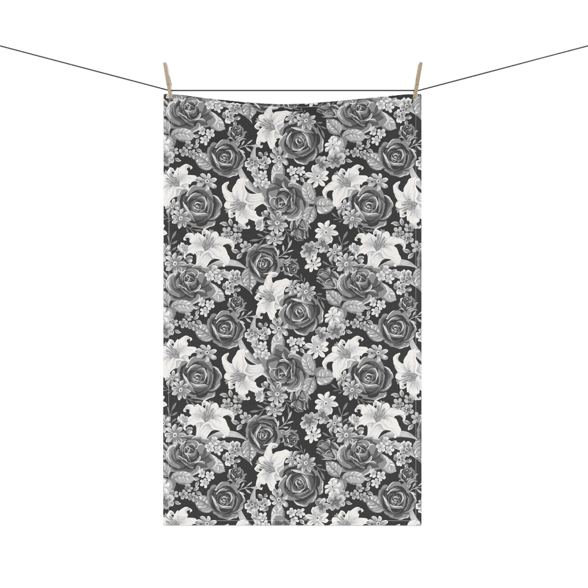 Black and White Roses and Flower Tea Towel