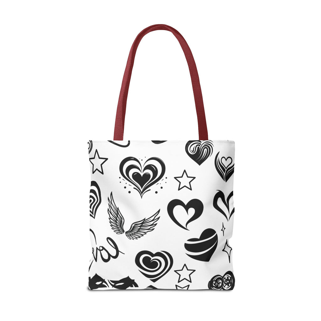 Hearts Black & White Tote Bag — All-Over Print Heart Pattern