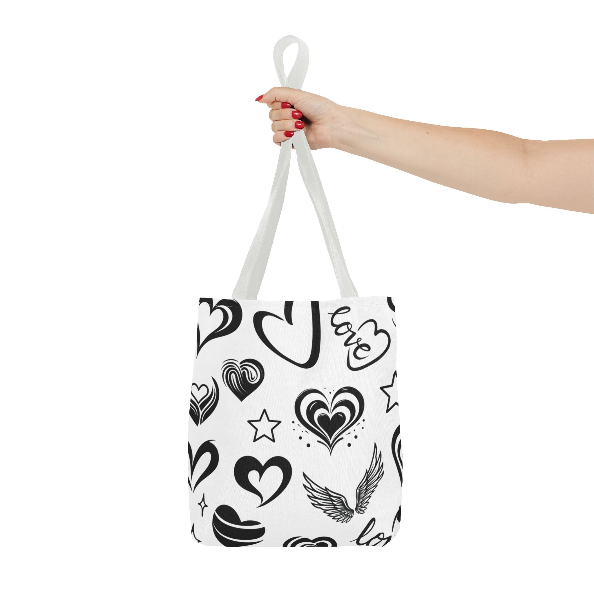 Hearts Black & White Tote Bag — All-Over Print Heart Pattern