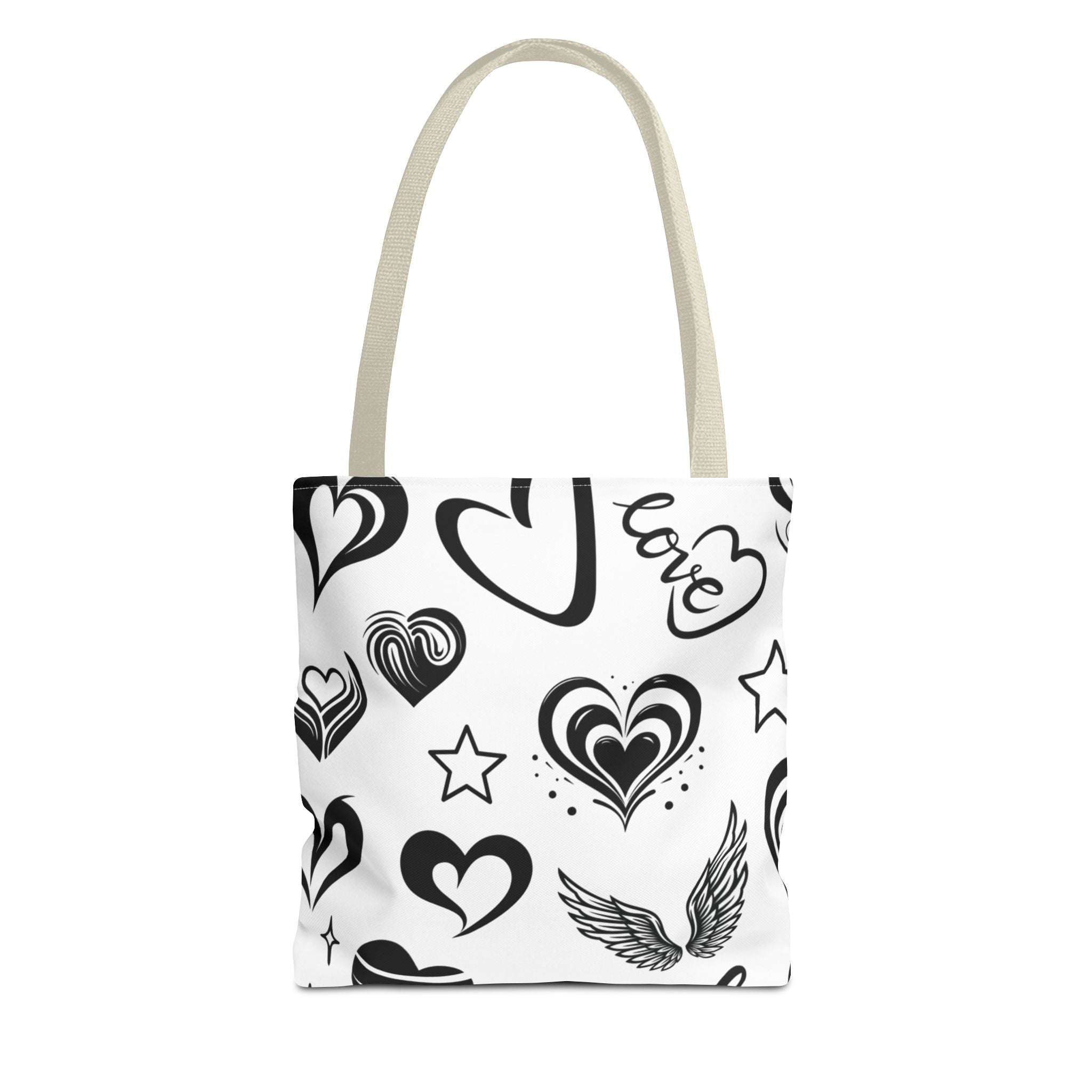 Hearts Black & White Tote Bag — All-Over Print Heart Pattern