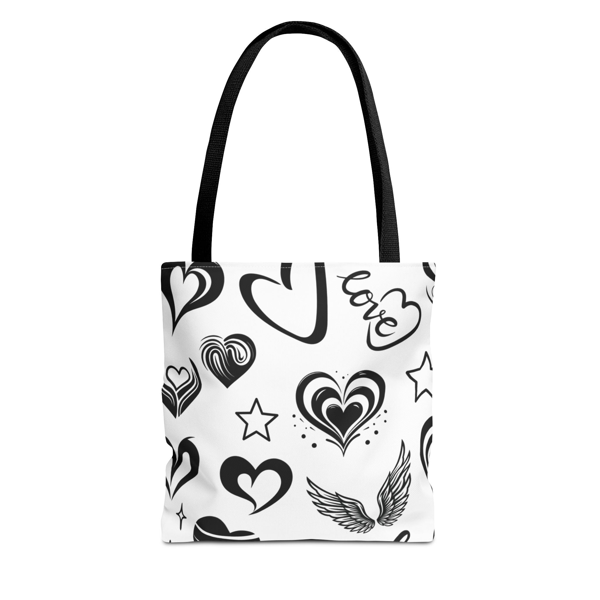Hearts Black & White Tote Bag — All-Over Print Heart Pattern