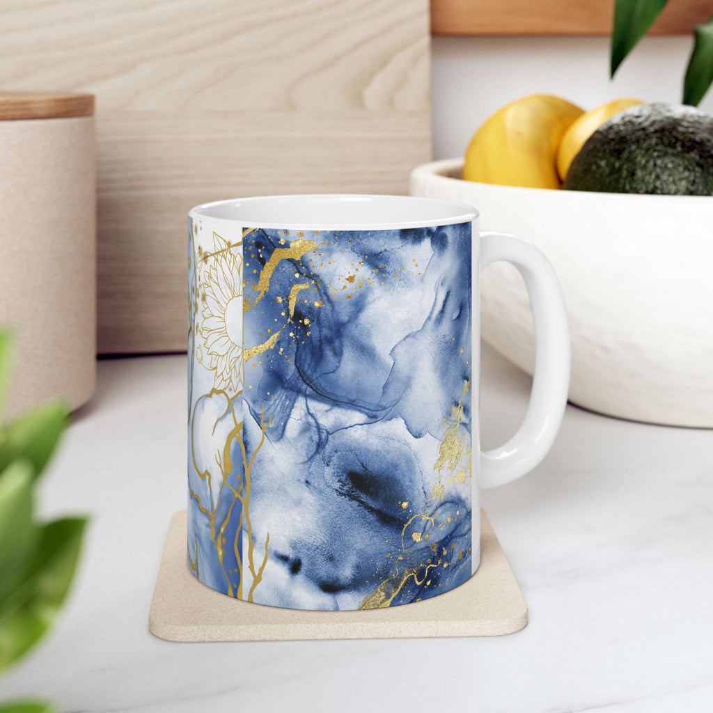 Floral Ceramic Mug Blue & Gold