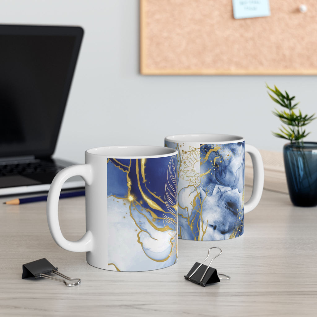 Floral Ceramic Mug Blue & Gold
