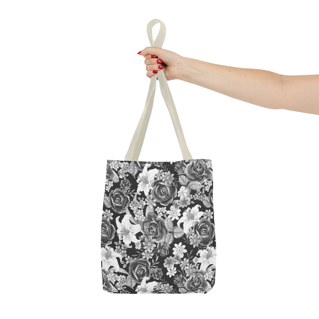 Black & White Tote Bag — Minimal Monochrome Rose Pattern