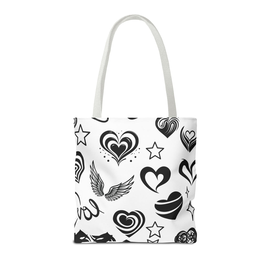 Hearts Black & White Tote Bag — All-Over Print Heart Pattern