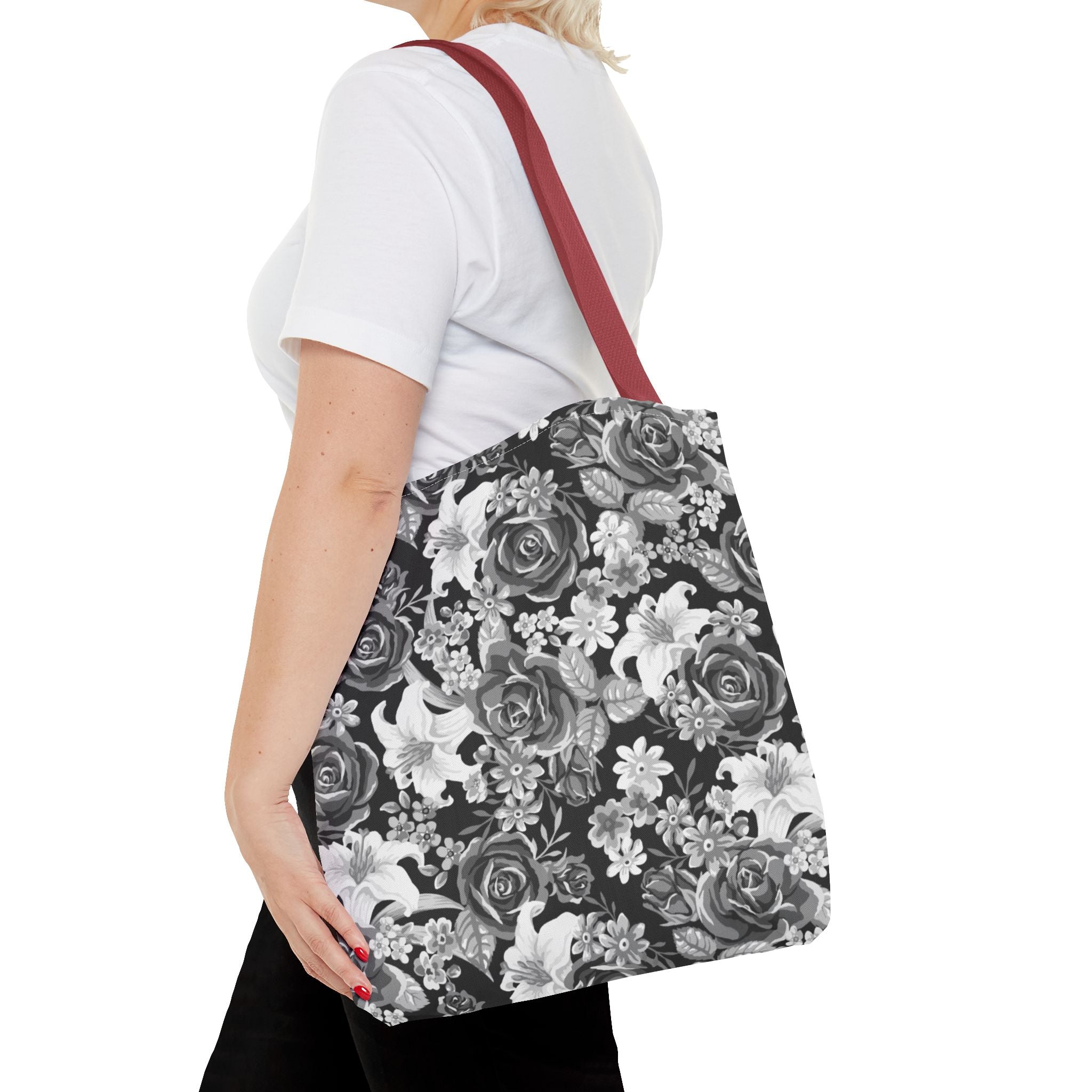 Black & White Tote Bag — Minimal Monochrome Rose Pattern