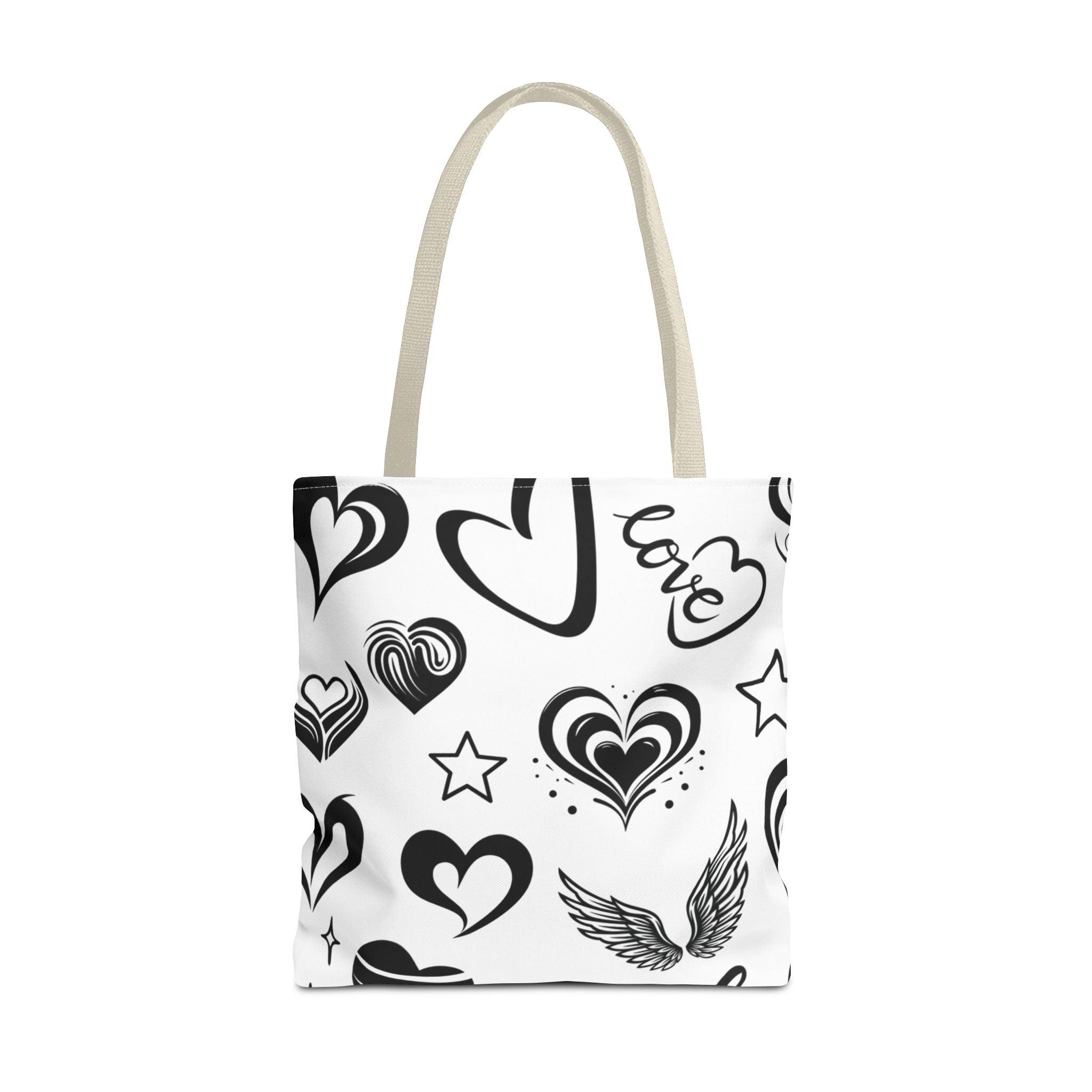 Hearts Black & White Tote Bag — All-Over Print Heart Pattern