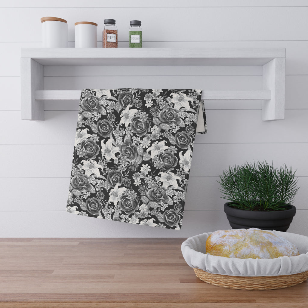 Black and White Roses and Flower Tea Towel