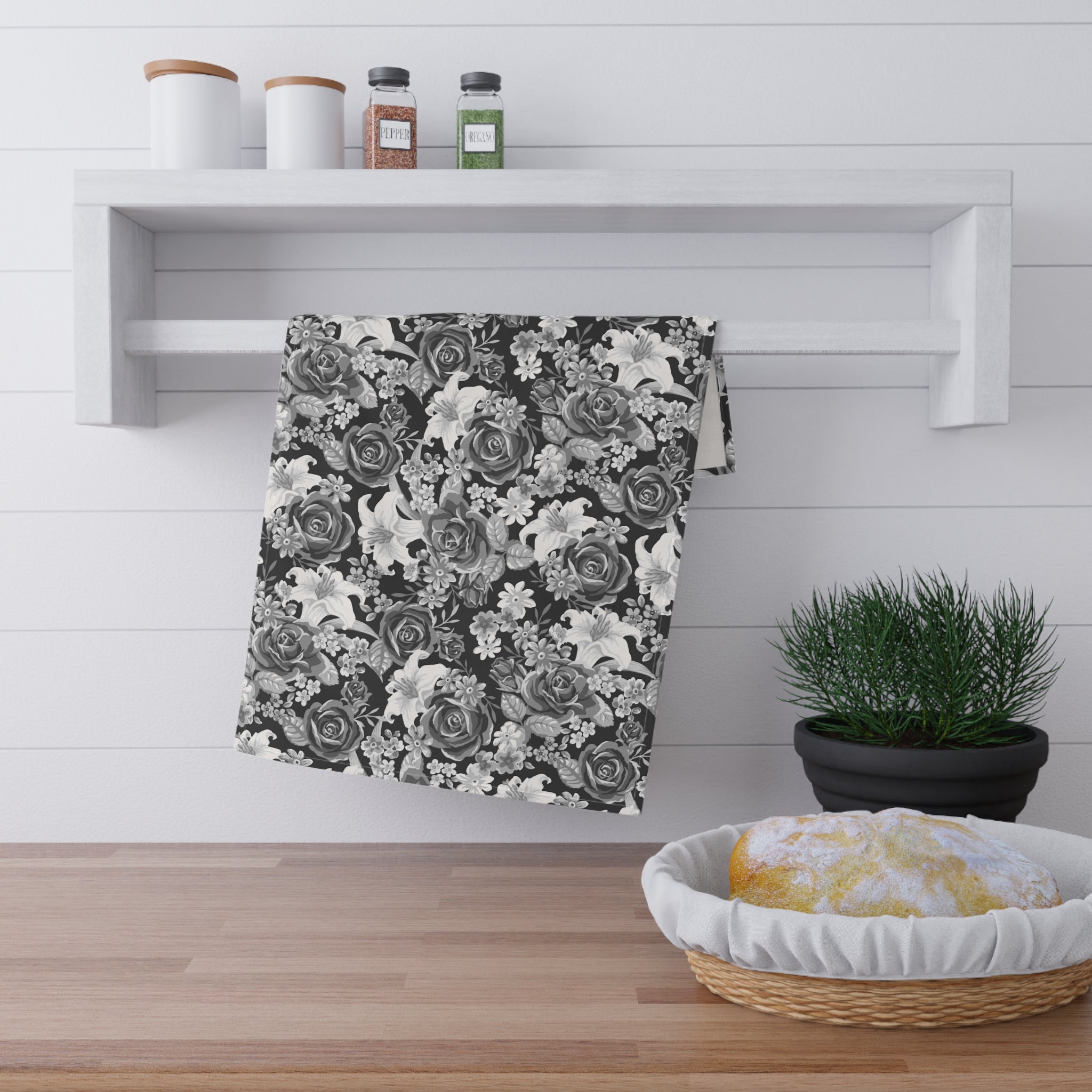 Black and White Roses and Flower Tea Towel