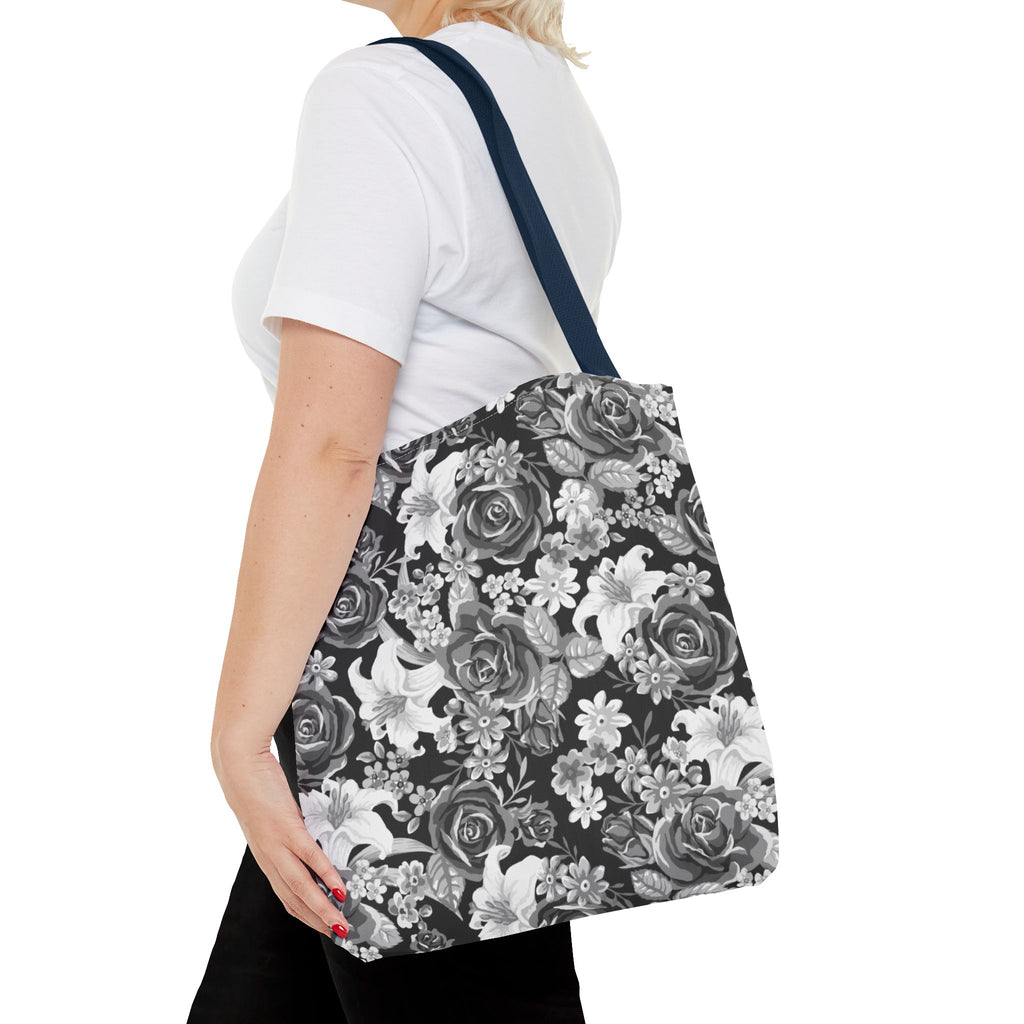 Black & White Tote Bag — Minimal Monochrome Rose Pattern